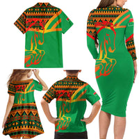 Burkina Faso Family Matching Long Sleeve Bodycon Dress and Hawaiian Shirt with Green Tribal Pattern Design and National Flag Motif - Wonder Print Shop