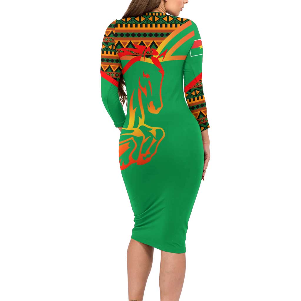 Burkina Faso Family Matching Long Sleeve Bodycon Dress and Hawaiian Shirt with Green Tribal Pattern Design and National Flag Motif - Wonder Print Shop