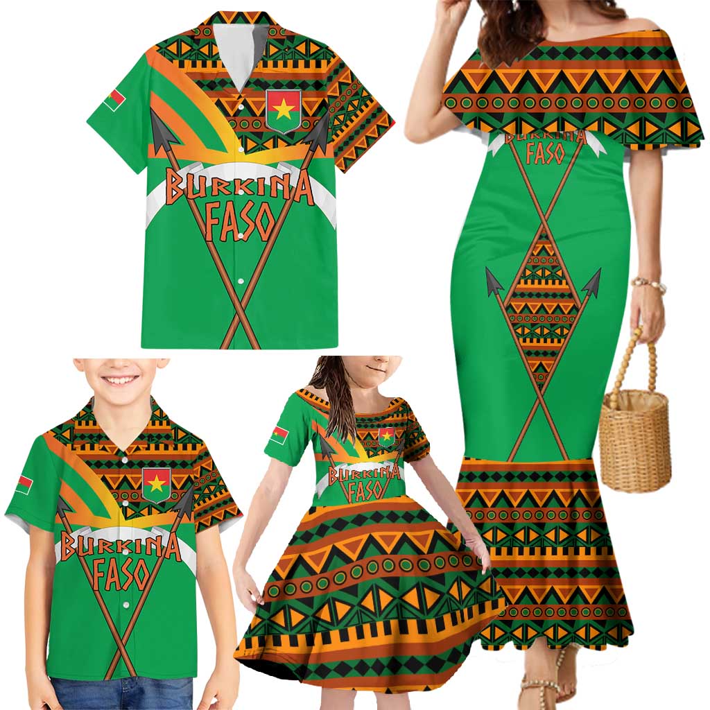 Burkina Faso Family Matching Mermaid Dress and Hawaiian Shirt with Green Tribal Pattern Design and National Flag Motif - Wonder Print Shop