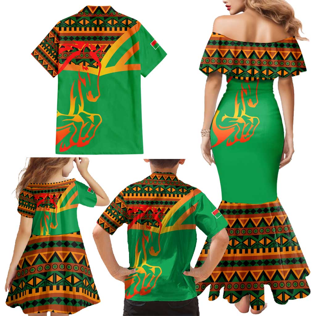 Burkina Faso Family Matching Mermaid Dress and Hawaiian Shirt with Green Tribal Pattern Design and National Flag Motif - Wonder Print Shop