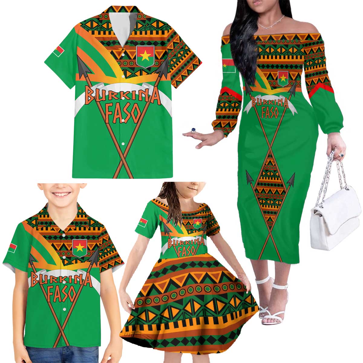 Burkina Faso Family Matching Off The Shoulder Long Sleeve Dress and Hawaiian Shirt with Green Tribal Pattern Design and National Flag Motif - Wonder Print Shop