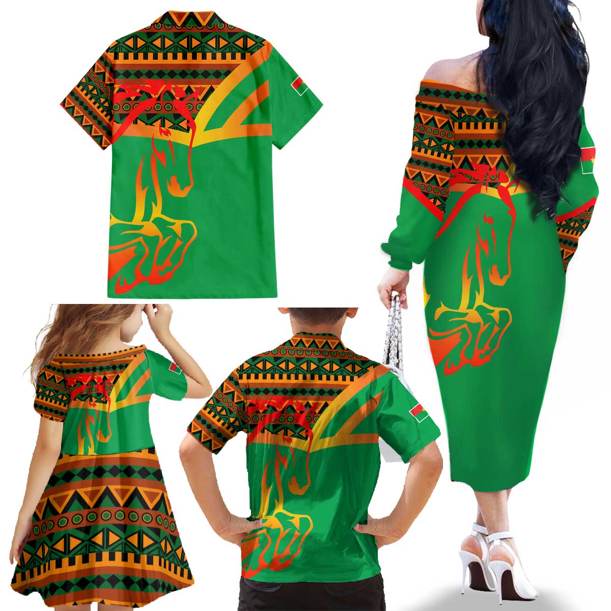 Burkina Faso Family Matching Off The Shoulder Long Sleeve Dress and Hawaiian Shirt with Green Tribal Pattern Design and National Flag Motif - Wonder Print Shop