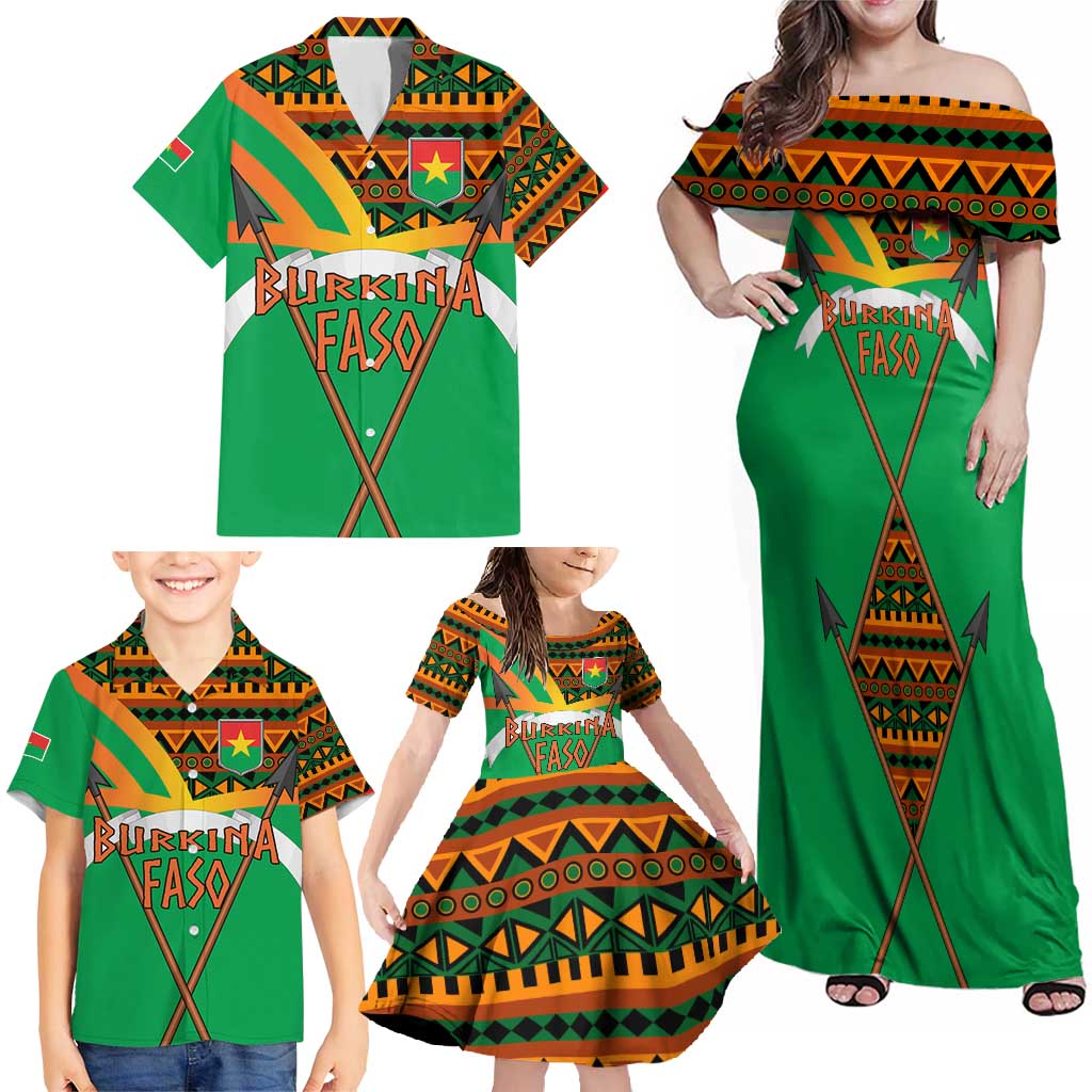 Burkina Faso Family Matching Off Shoulder Maxi Dress and Hawaiian Shirt with Green Tribal Pattern Design and National Flag Motif - Wonder Print Shop