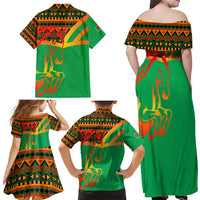 Burkina Faso Family Matching Off Shoulder Maxi Dress and Hawaiian Shirt with Green Tribal Pattern Design and National Flag Motif - Wonder Print Shop