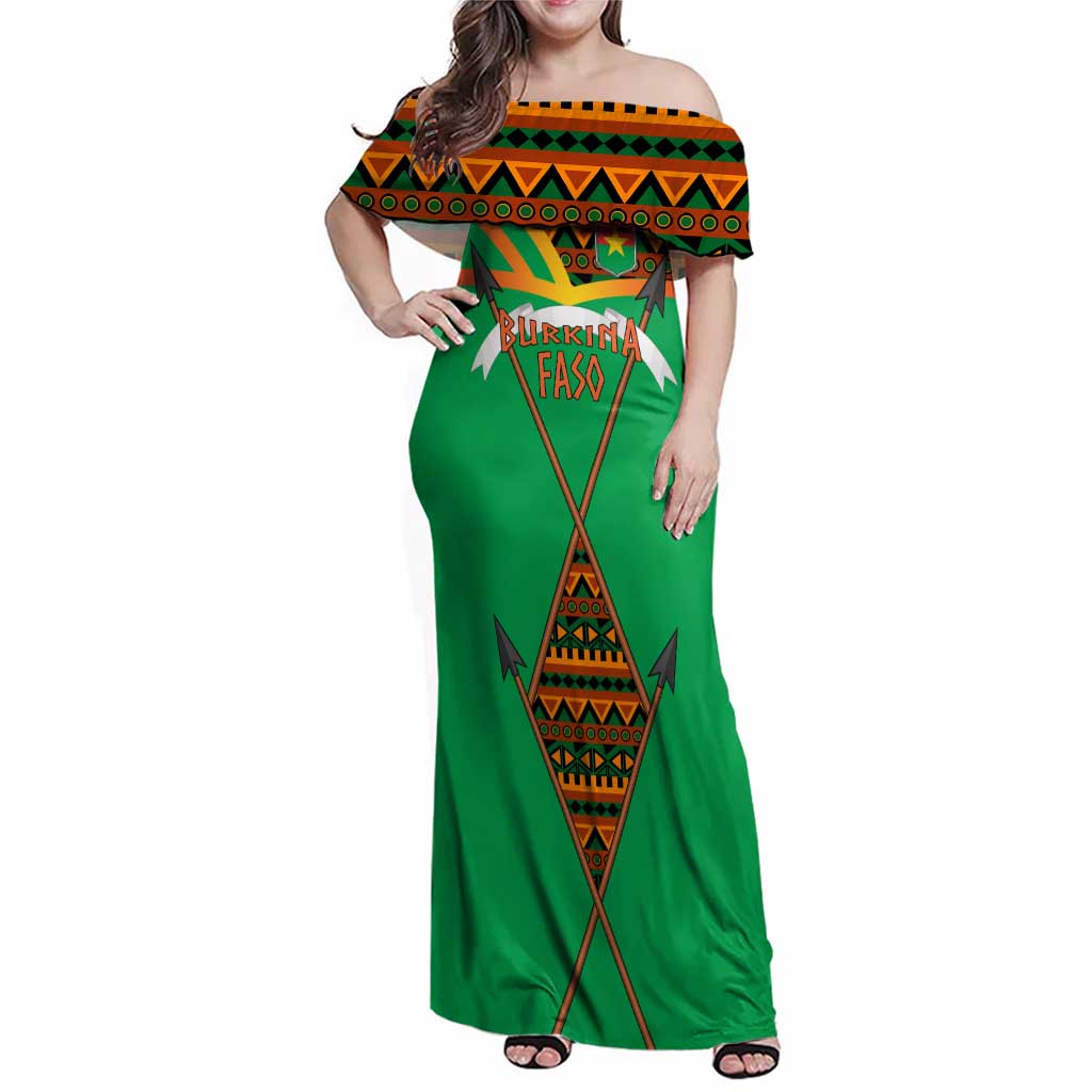 Burkina Faso Family Matching Off Shoulder Maxi Dress and Hawaiian Shirt with Green Tribal Pattern Design and National Flag Motif - Wonder Print Shop