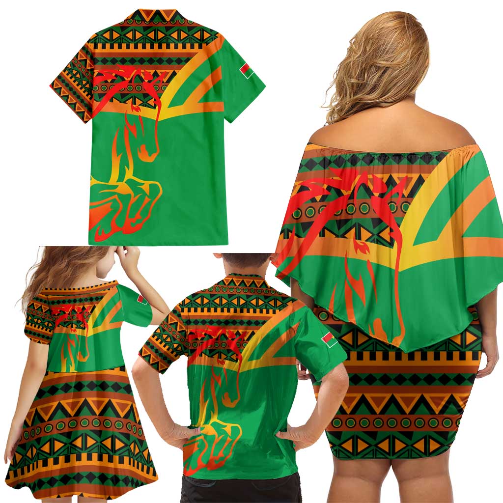 Burkina Faso Family Matching Off Shoulder Short Dress and Hawaiian Shirt with Green Tribal Pattern Design and National Flag Motif - Wonder Print Shop