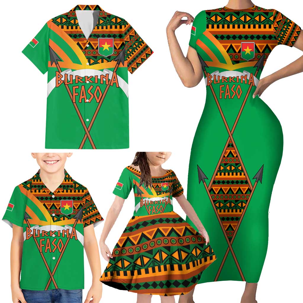 Burkina Faso Family Matching Short Sleeve Bodycon Dress and Hawaiian Shirt with Green Tribal Pattern Design and National Flag Motif - Wonder Print Shop