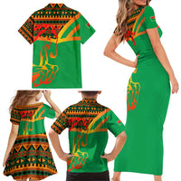 Burkina Faso Family Matching Short Sleeve Bodycon Dress and Hawaiian Shirt with Green Tribal Pattern Design and National Flag Motif - Wonder Print Shop