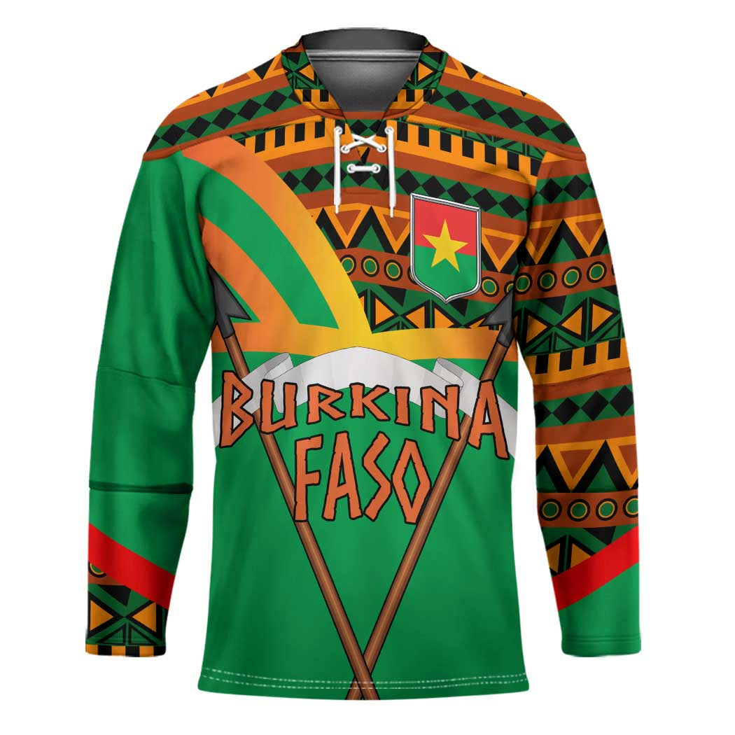 Burkina Faso Hockey Jersey with Green Tribal Pattern Design and National Flag Motif - Wonder Print Shop