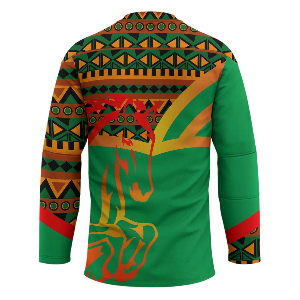Burkina Faso Hockey Jersey with Green Tribal Pattern Design and National Flag Motif - Wonder Print Shop