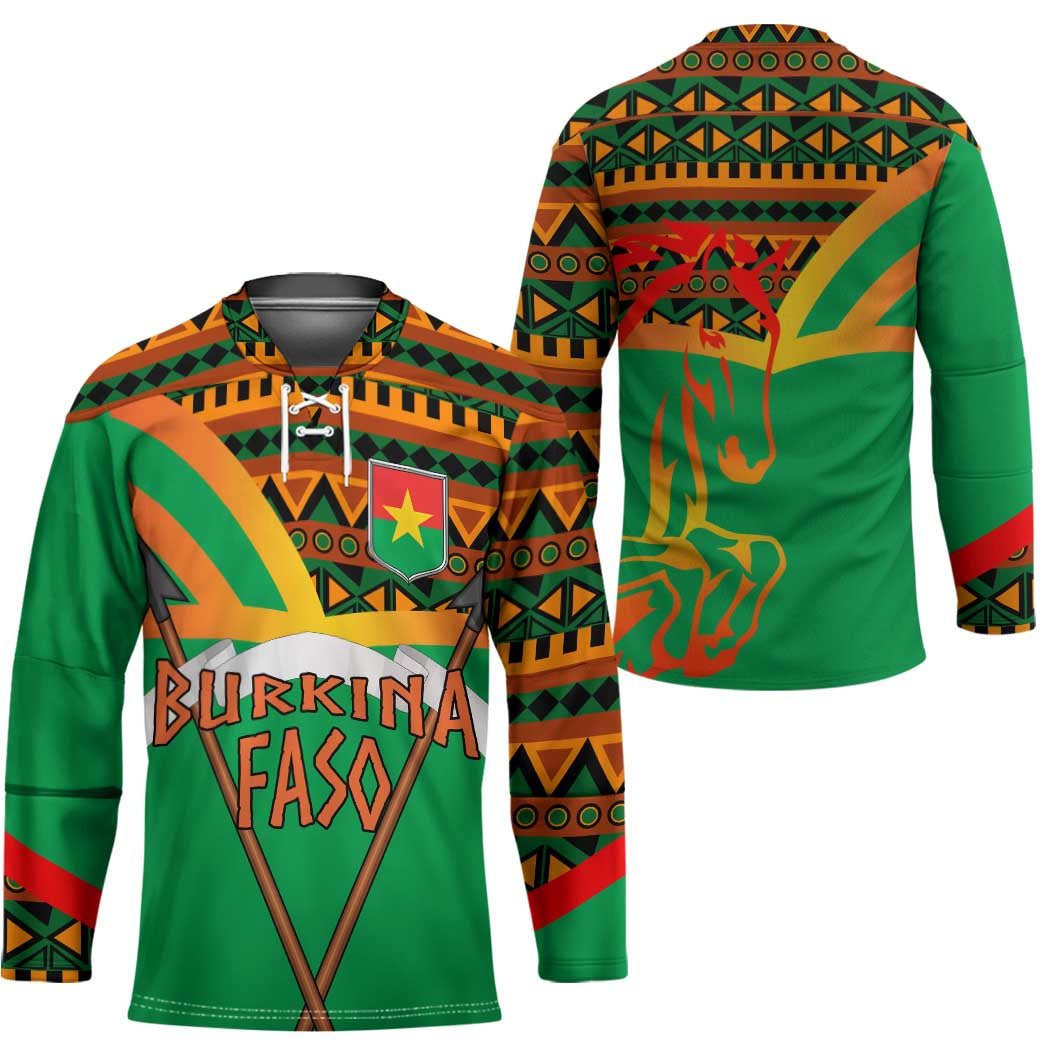 Burkina Faso Hockey Jersey with Green Tribal Pattern Design and National Flag Motif - Wonder Print Shop