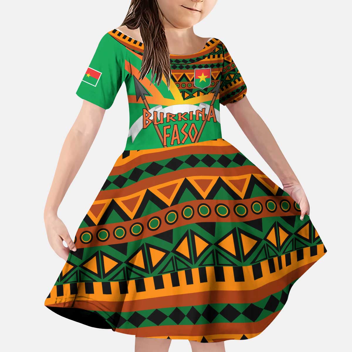 Burkina Faso Kid Short Sleeve Dress with Green Tribal Pattern Design and National Flag Motif - Wonder Print Shop