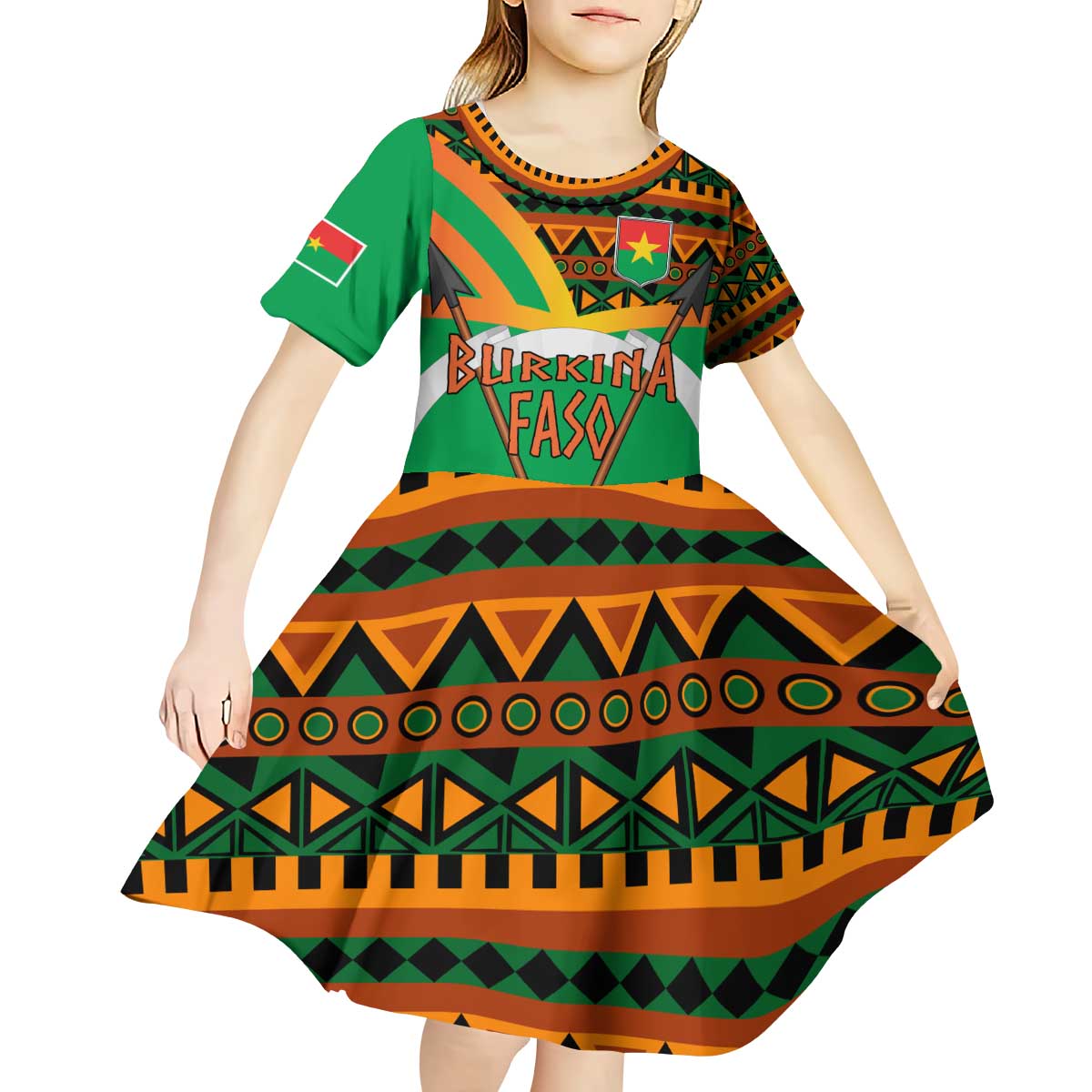 Burkina Faso Kid Short Sleeve Dress with Green Tribal Pattern Design and National Flag Motif - Wonder Print Shop