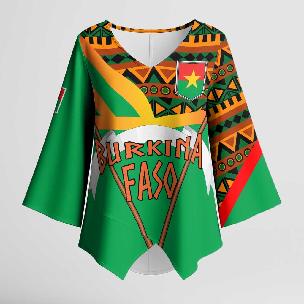 Burkina Faso Kimono Sleeve Blouse with Green Tribal Pattern Design and National Flag Motif - Wonder Print Shop