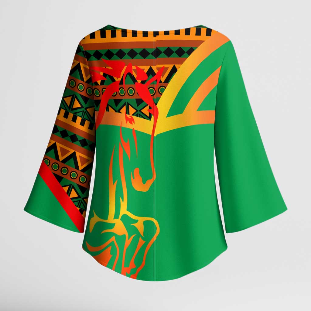 Burkina Faso Kimono Sleeve Blouse with Green Tribal Pattern Design and National Flag Motif - Wonder Print Shop