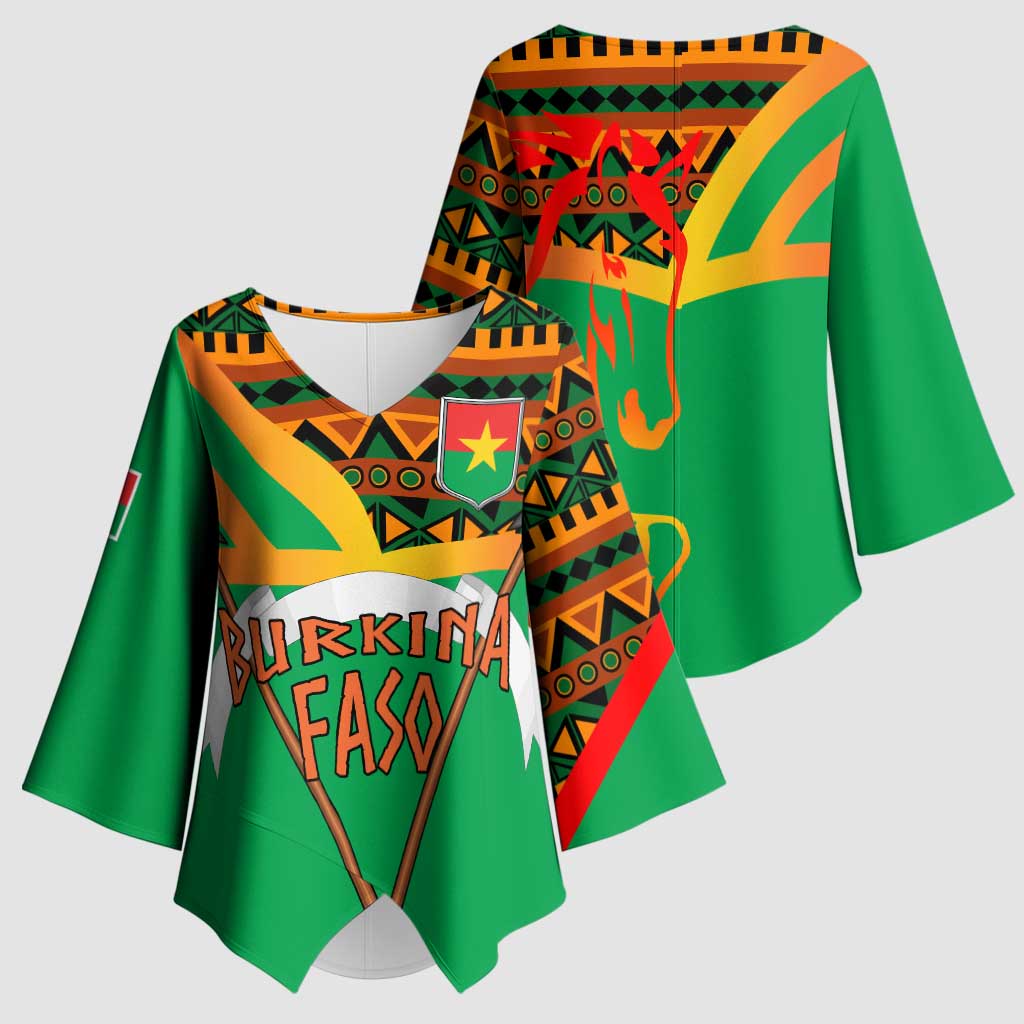 Burkina Faso Kimono Sleeve Blouse with Green Tribal Pattern Design and National Flag Motif - Wonder Print Shop