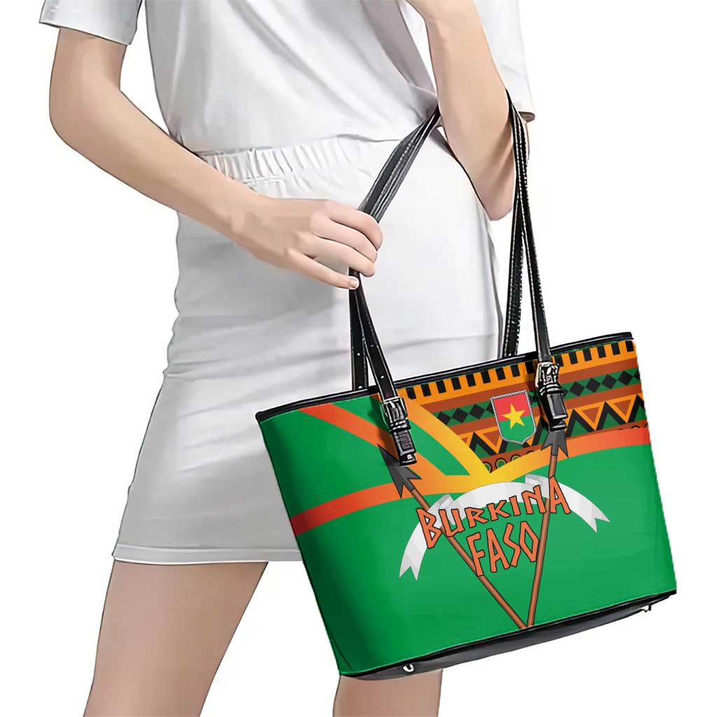 Burkina Faso Leather Tote Bag with Green Tribal Pattern Design and National Flag Motif - Wonder Print Shop