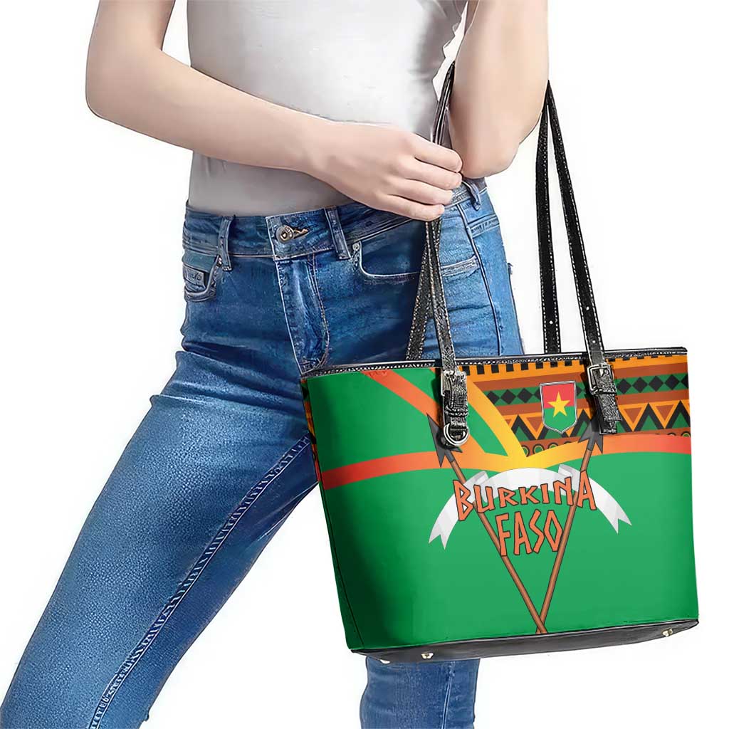 Burkina Faso Leather Tote Bag with Green Tribal Pattern Design and National Flag Motif - Wonder Print Shop