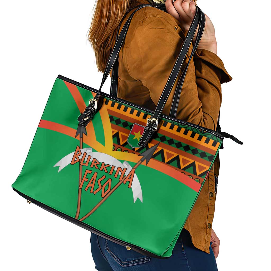 Burkina Faso Leather Tote Bag with Green Tribal Pattern Design and National Flag Motif - Wonder Print Shop