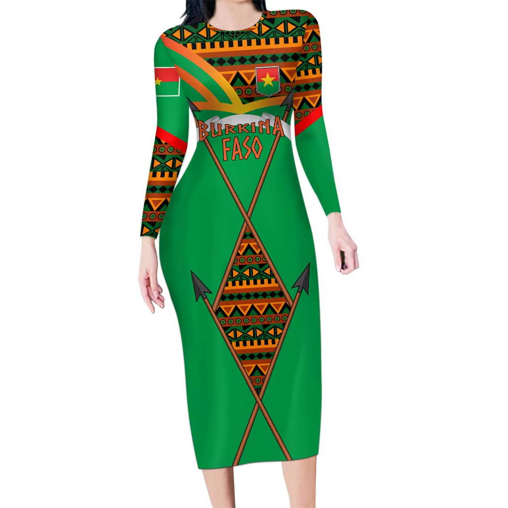 Burkina Faso Long Sleeve Bodycon Dress with Green Tribal Pattern Design and National Flag Motif - Wonder Print Shop