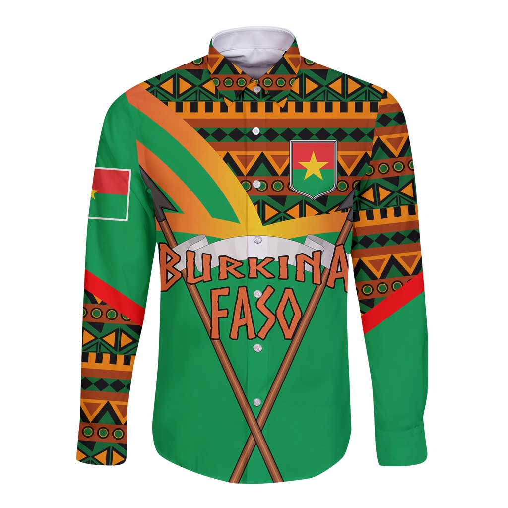 Burkina Faso Long Sleeve Button Shirt with Green Tribal Pattern Design and National Flag Motif - Wonder Print Shop