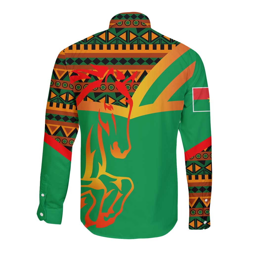 Burkina Faso Long Sleeve Button Shirt with Green Tribal Pattern Design and National Flag Motif - Wonder Print Shop