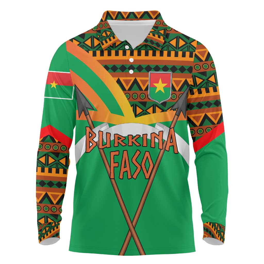 Burkina Faso Long Sleeve Polo Shirt with Green Tribal Pattern Design and National Flag Motif - Wonder Print Shop