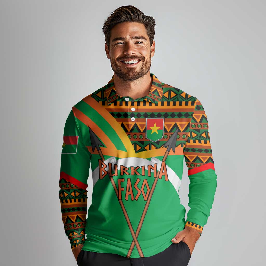 Burkina Faso Long Sleeve Polo Shirt with Green Tribal Pattern Design and National Flag Motif - Wonder Print Shop