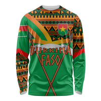 Burkina Faso Long Sleeve Shirt with Green Tribal Pattern Design and National Flag Motif - Wonder Print Shop