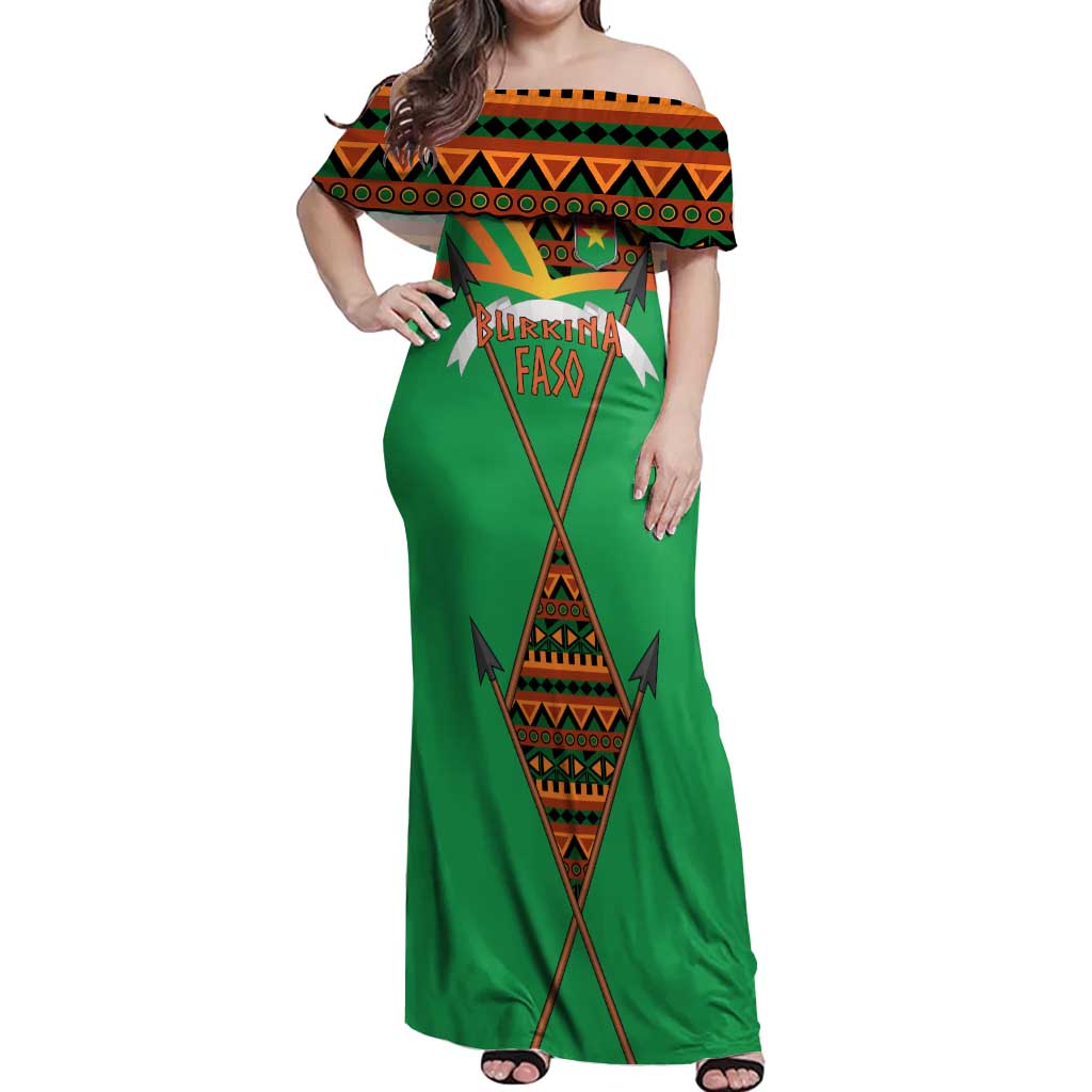 Burkina Faso Off Shoulder Maxi Dress with Green Tribal Pattern Design and National Flag Motif - Wonder Print Shop