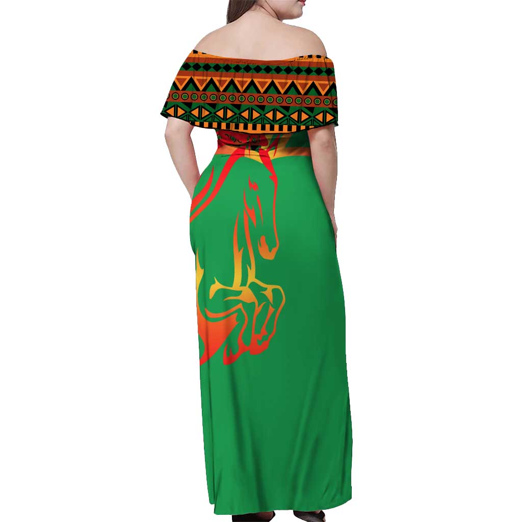 Burkina Faso Off Shoulder Maxi Dress with Green Tribal Pattern Design and National Flag Motif - Wonder Print Shop