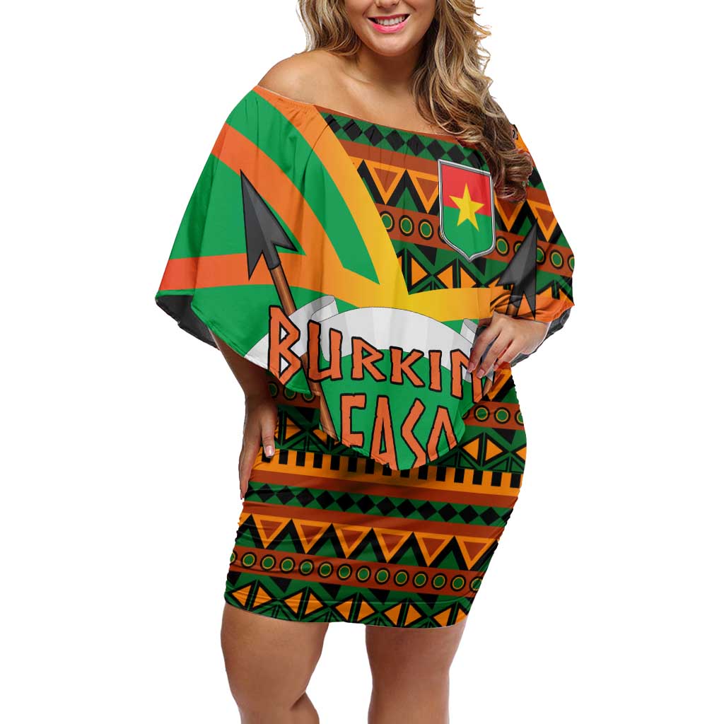 Burkina Faso Off Shoulder Short Dress with Green Tribal Pattern Design and National Flag Motif - Wonder Print Shop