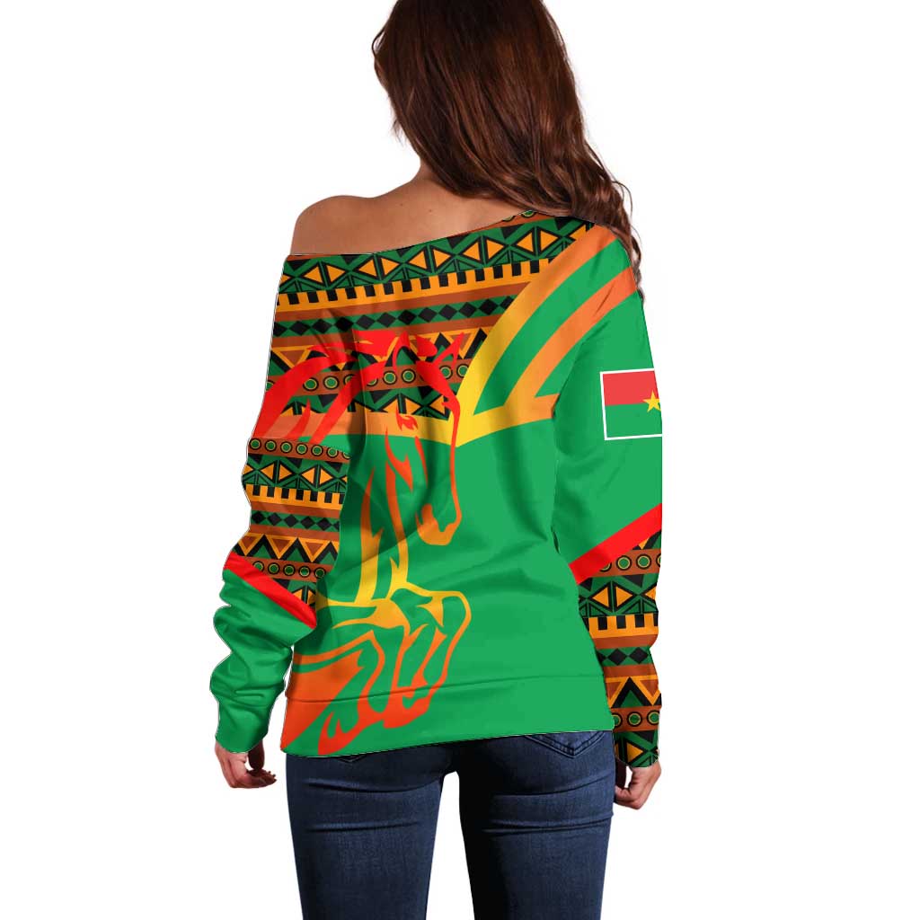 Burkina Faso Off Shoulder Sweater with Green Tribal Pattern Design and National Flag Motif - Wonder Print Shop