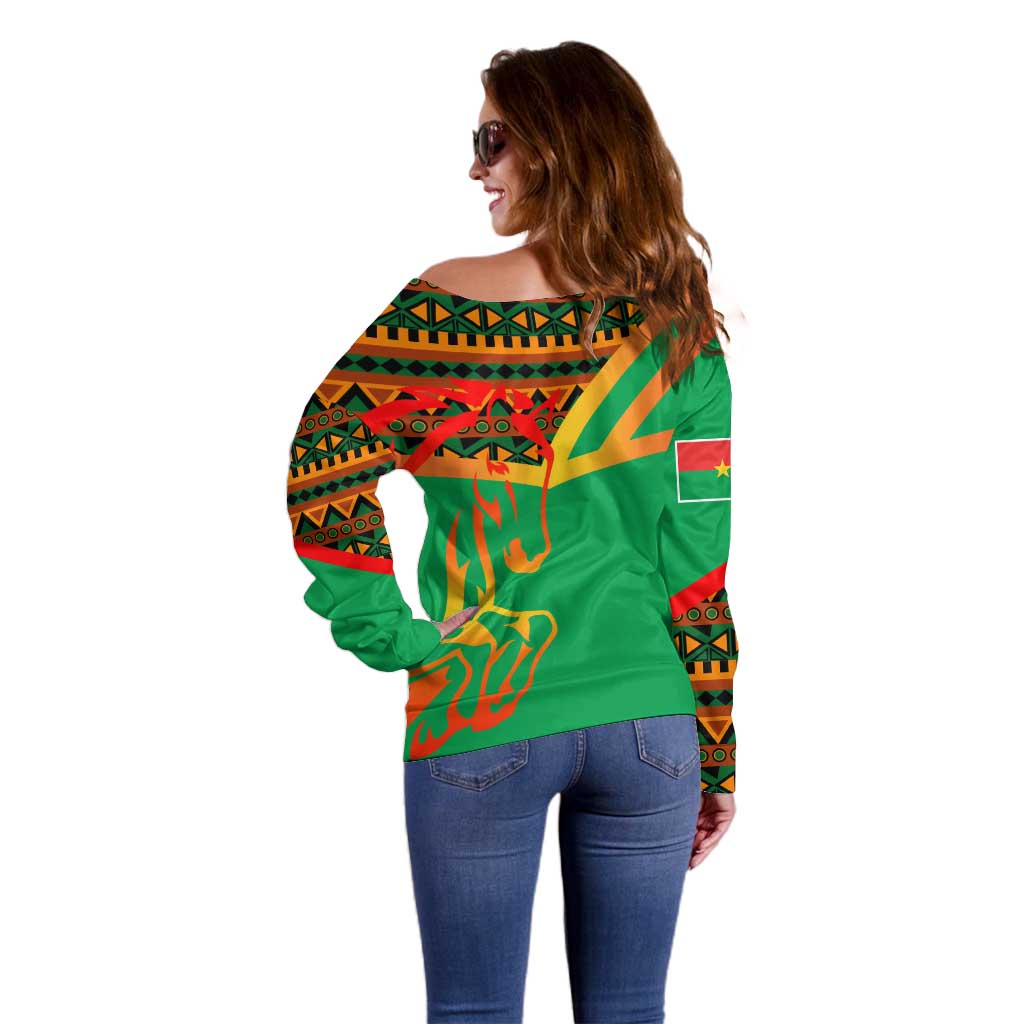 Burkina Faso Off Shoulder Sweater with Green Tribal Pattern Design and National Flag Motif - Wonder Print Shop