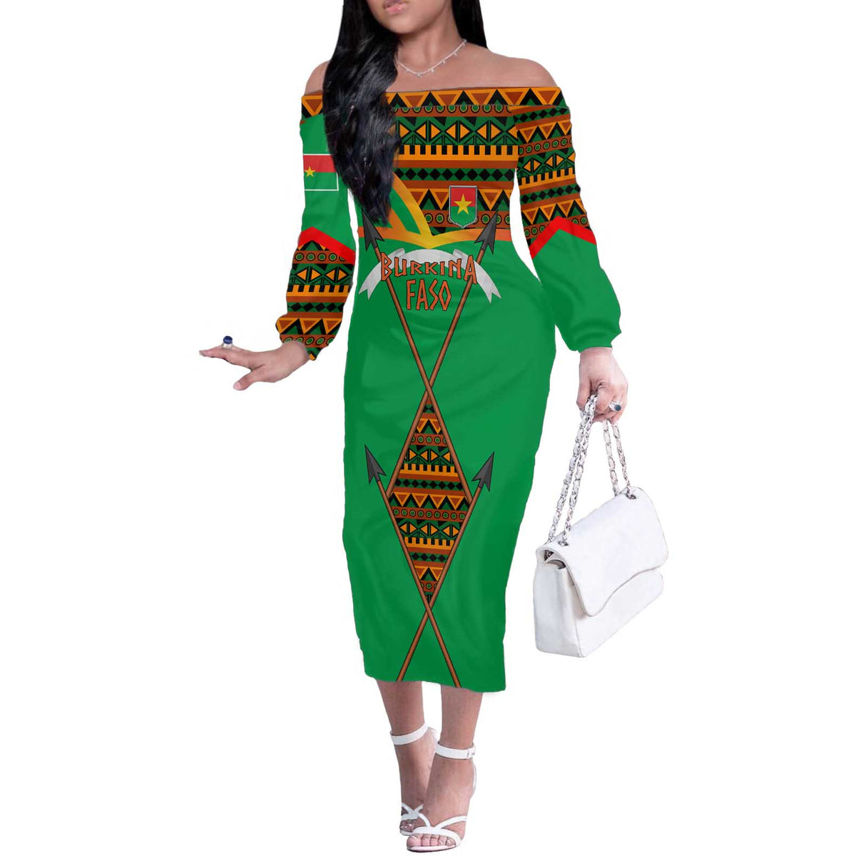 Burkina Faso Off The Shoulder Long Sleeve Dress with Green Tribal Pattern Design and National Flag Motif - Wonder Print Shop
