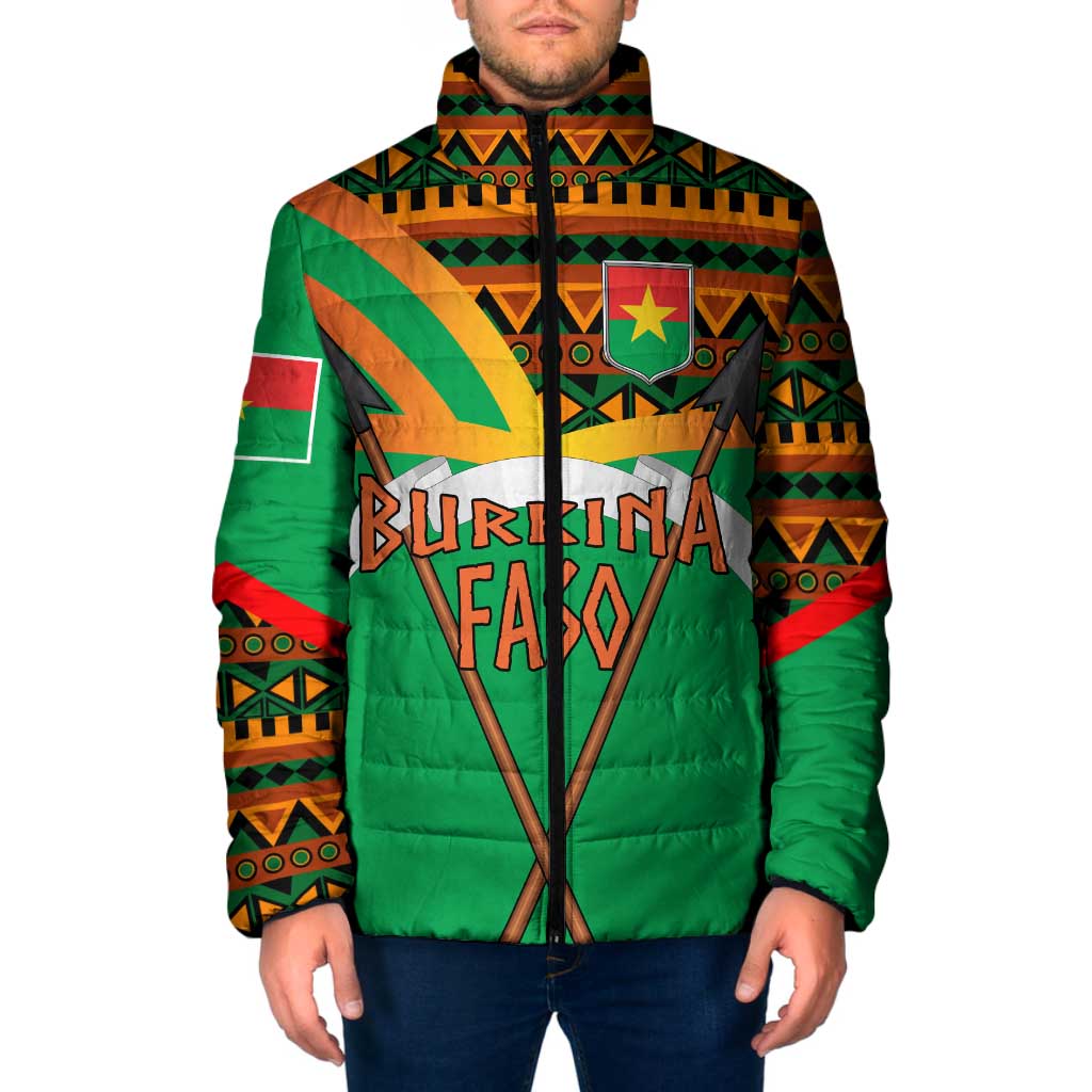 Burkina Faso Padded Jacket with Green Tribal Pattern Design and National Flag Motif - Wonder Print Shop