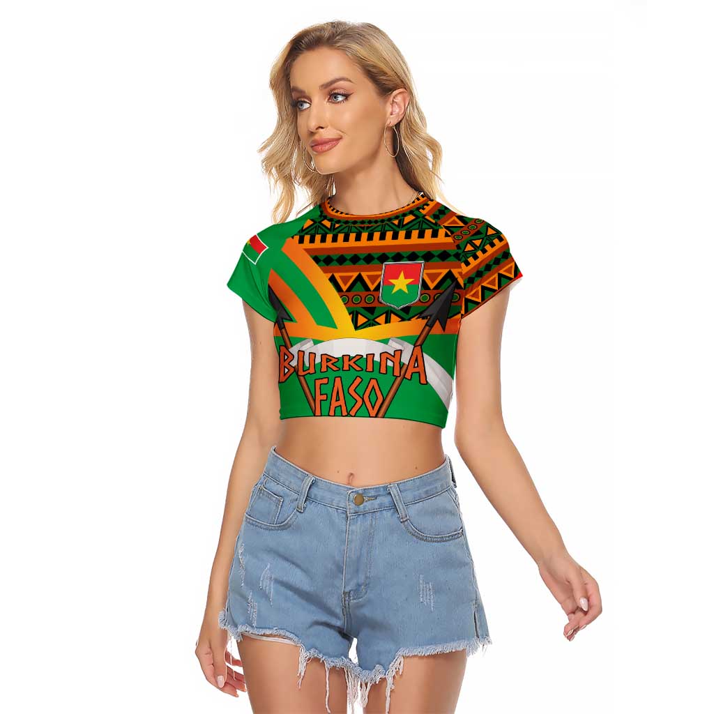 Burkina Faso Raglan Cropped T Shirt with Green Tribal Pattern Design and National Flag Motif - Wonder Print Shop