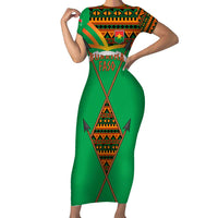 Burkina Faso Short Sleeve Bodycon Dress with Green Tribal Pattern Design and National Flag Motif - Wonder Print Shop