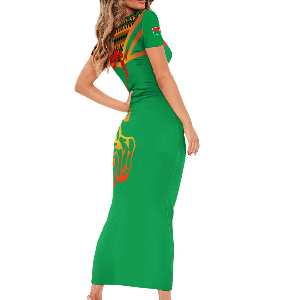 Burkina Faso Short Sleeve Bodycon Dress with Green Tribal Pattern Design and National Flag Motif - Wonder Print Shop