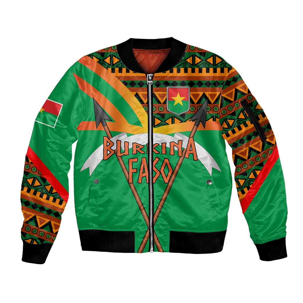 Burkina Faso Sleeve Zip Bomber Jacket with Green Tribal Pattern Design and National Flag Motif - Wonder Print Shop