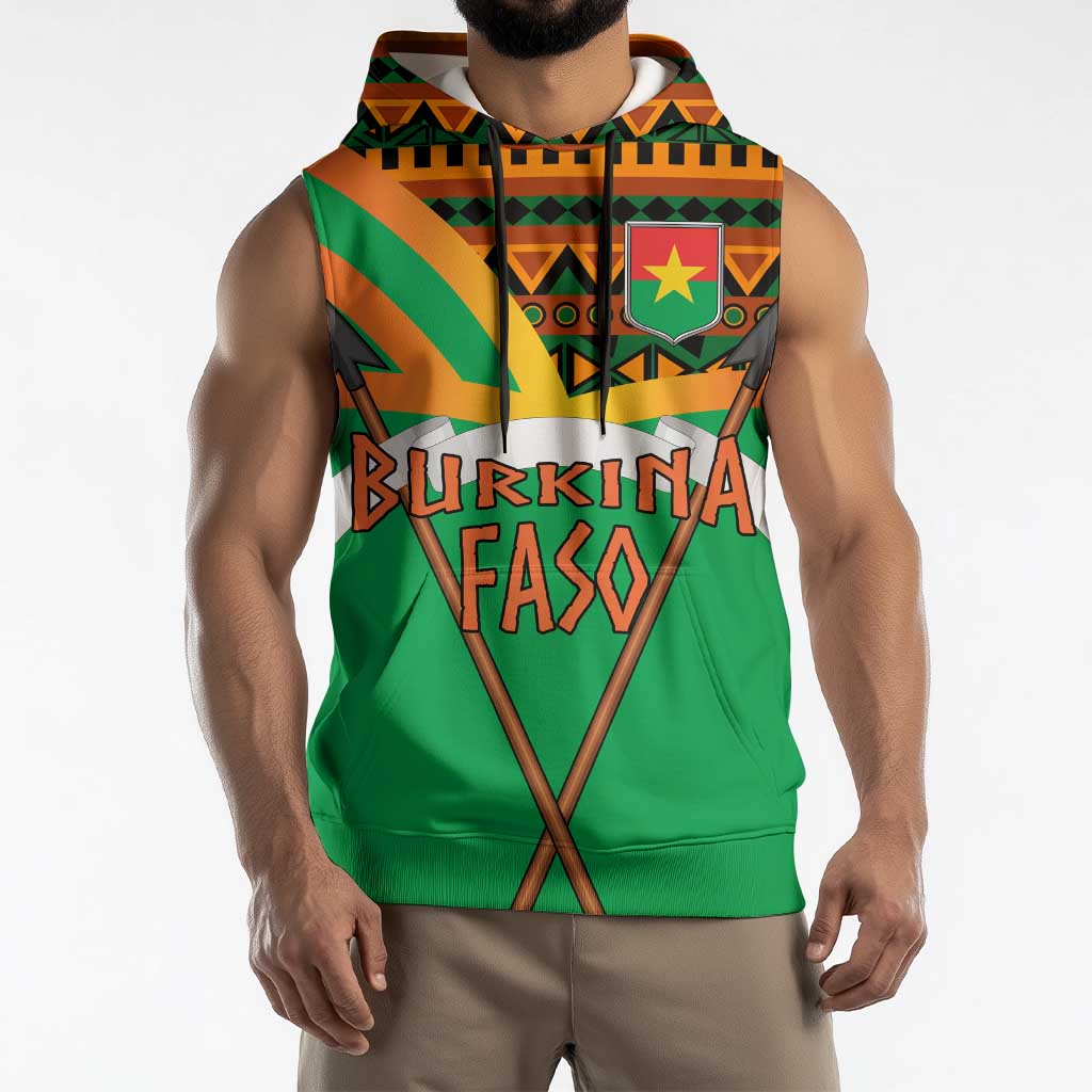 Burkina Faso Sleeveless Hoodie with Green Tribal Pattern Design and National Flag Motif - Wonder Print Shop