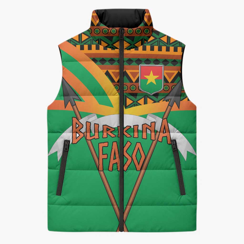 Burkina Faso Sleeveless Puffer Jacket with Green Tribal Pattern Design and National Flag Motif - Wonder Print Shop