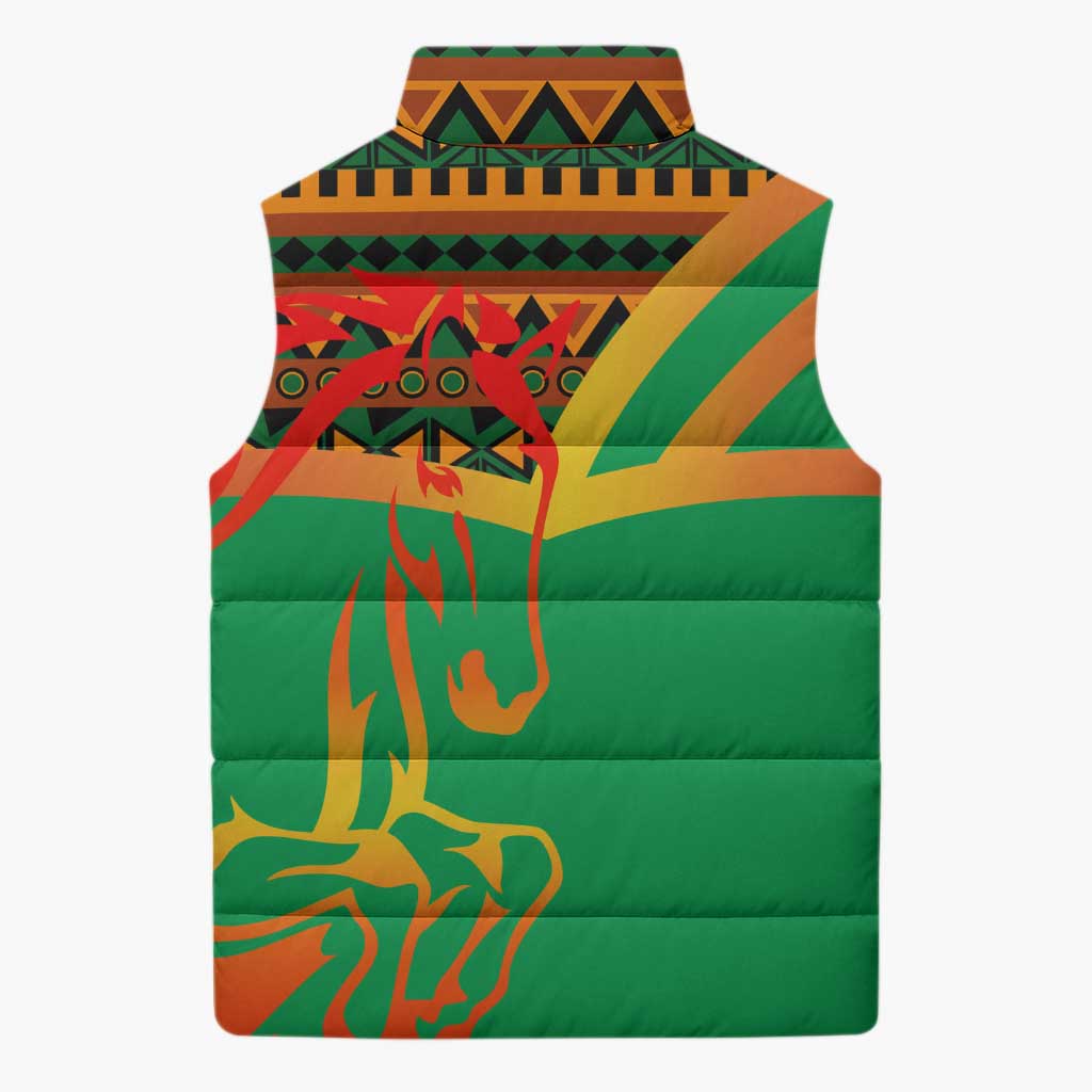Burkina Faso Sleeveless Puffer Jacket with Green Tribal Pattern Design and National Flag Motif - Wonder Print Shop