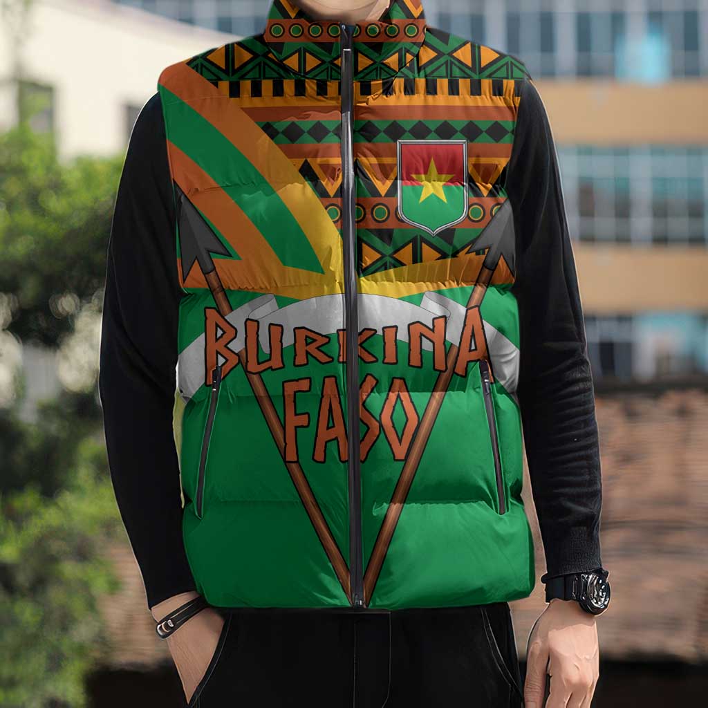 Burkina Faso Sleeveless Puffer Jacket with Green Tribal Pattern Design and National Flag Motif - Wonder Print Shop