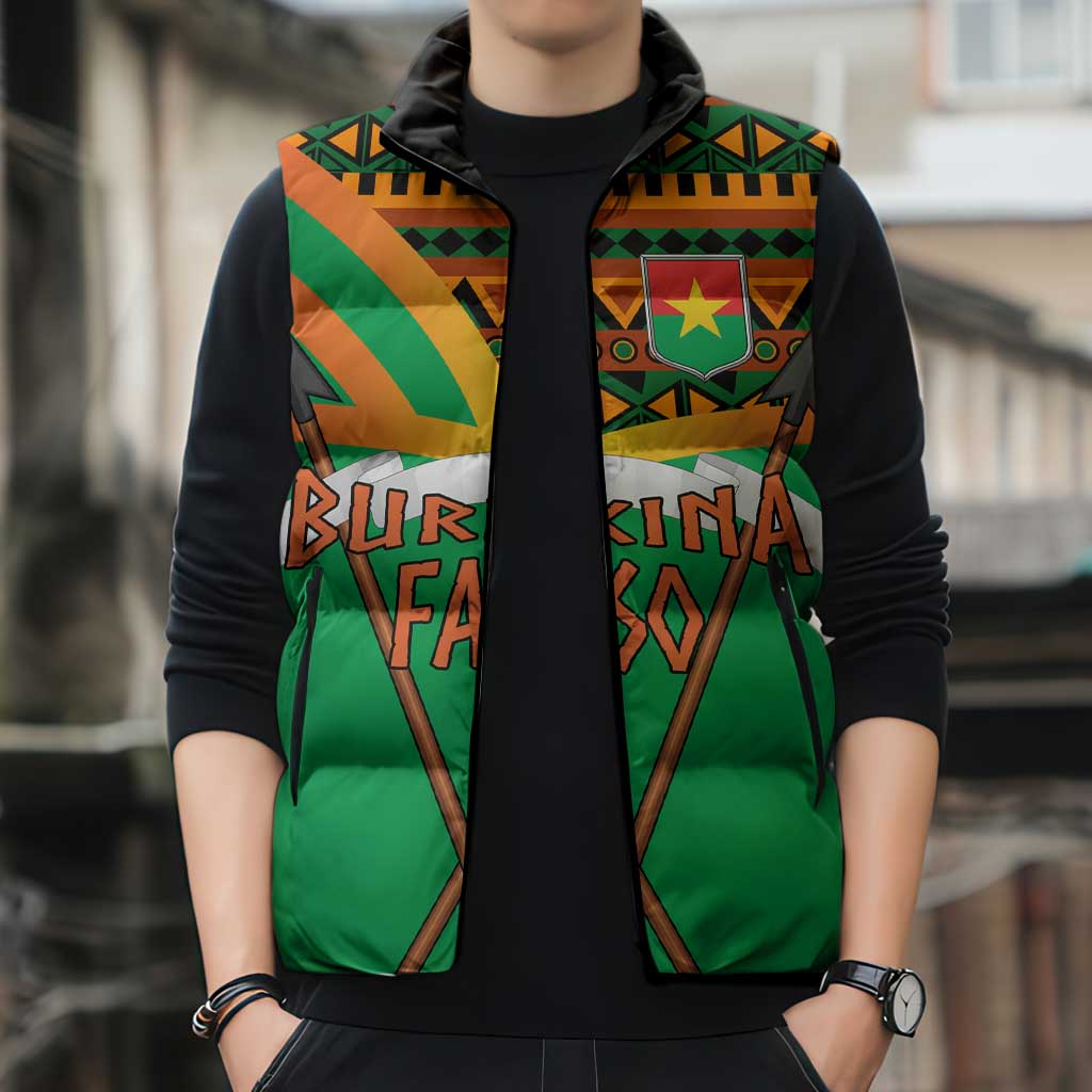 Burkina Faso Sleeveless Puffer Jacket with Green Tribal Pattern Design and National Flag Motif - Wonder Print Shop