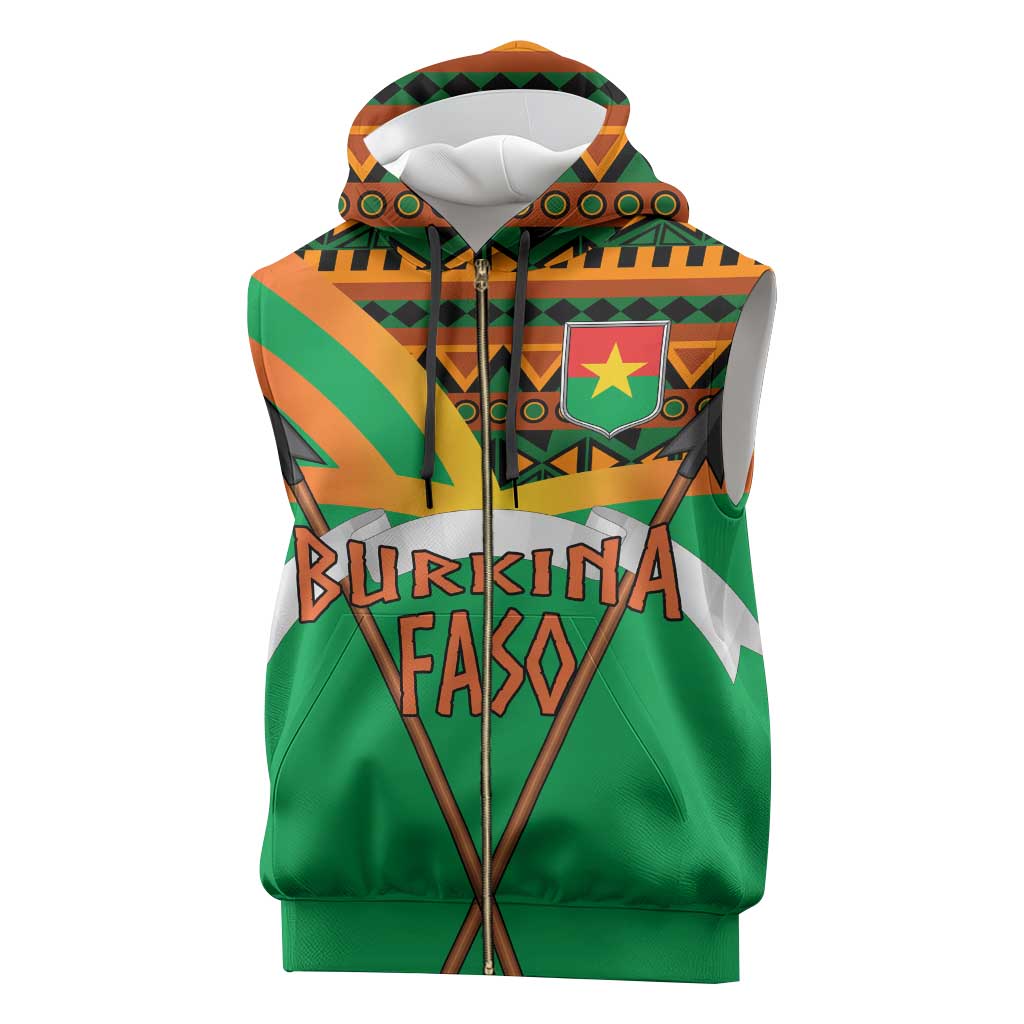 Burkina Faso Sleeveless Zip Hoodie with Green Tribal Pattern Design and National Flag Motif - Wonder Print Shop