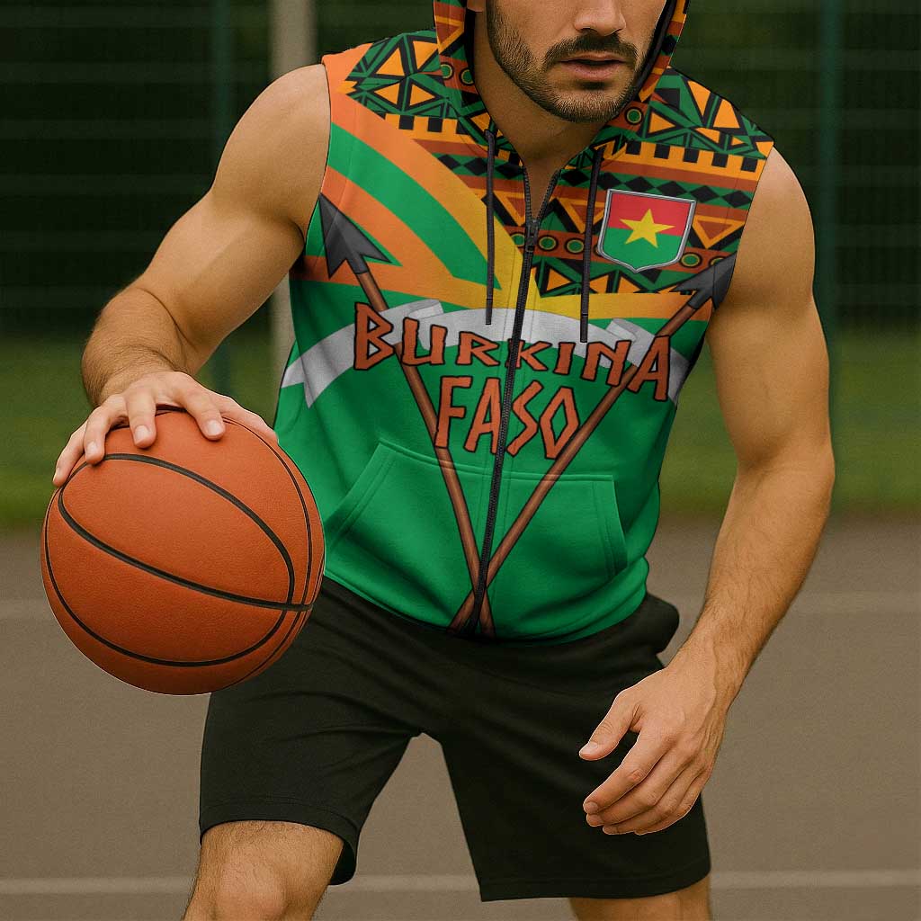 Burkina Faso Sleeveless Zip Hoodie with Green Tribal Pattern Design and National Flag Motif - Wonder Print Shop