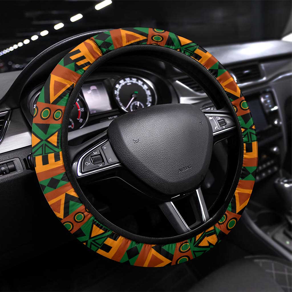 Burkina Faso Steering Wheel Cover with Green Tribal Pattern Design and National Flag Motif - Wonder Print Shop