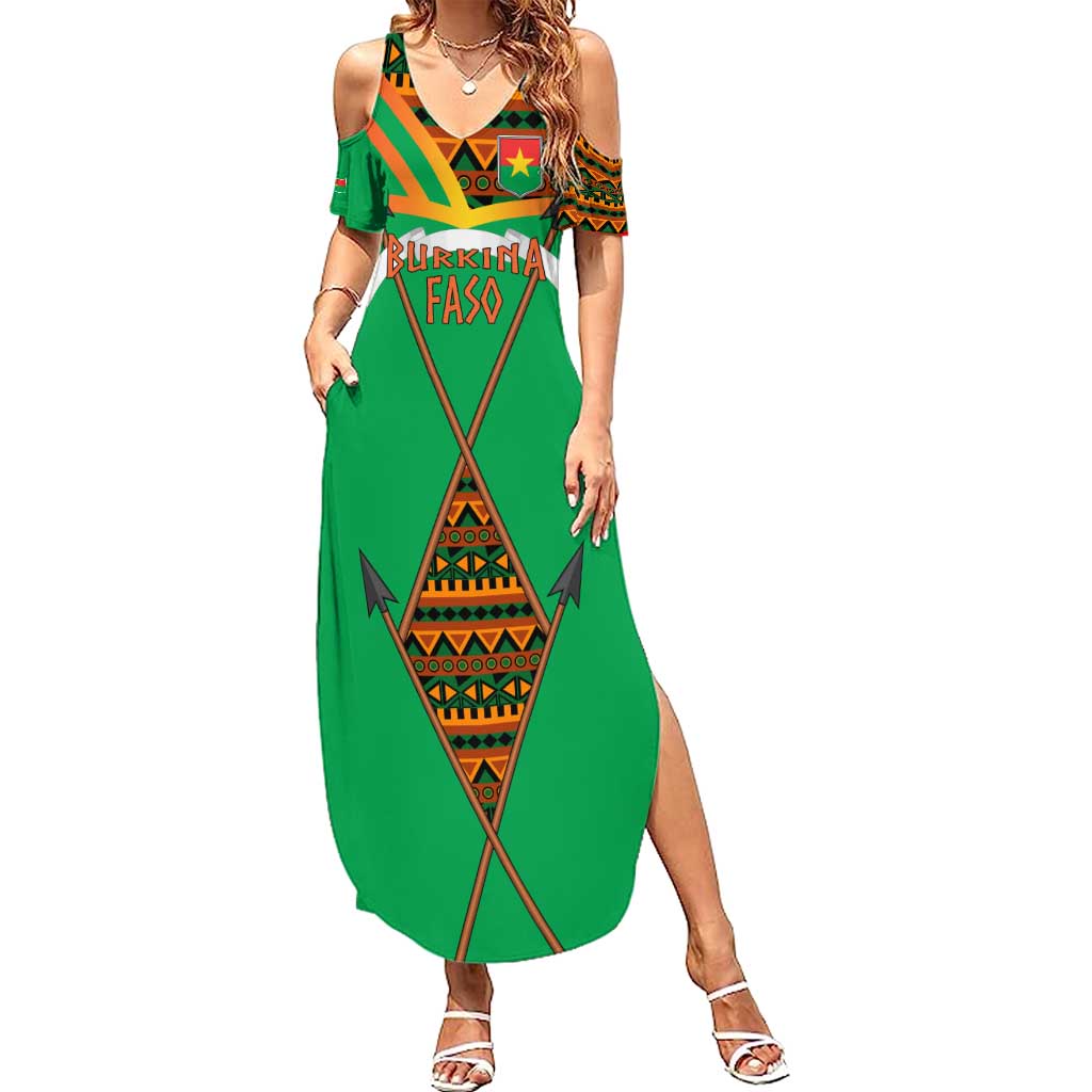 Burkina Faso Summer Maxi Dress with Green Tribal Pattern Design and National Flag Motif - Wonder Print Shop
