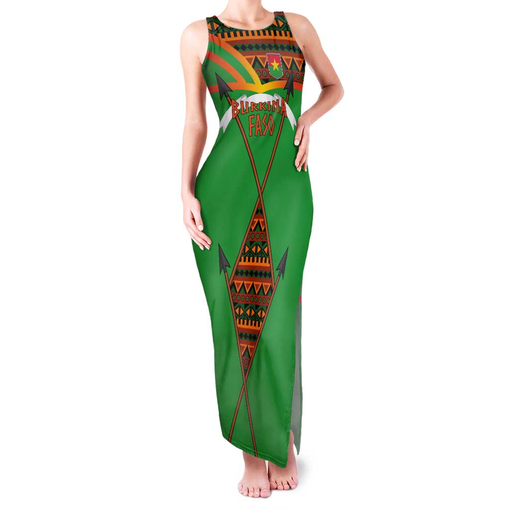 Burkina Faso Tank Maxi Dress with Green Tribal Pattern Design and National Flag Motif - Wonder Print Shop